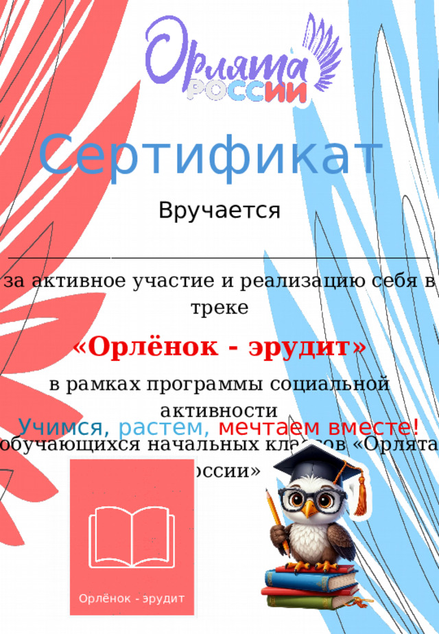 Сертификат  Вручается _____________________________________ за активное участие и реализацию себя в треке «Орлёнок - эрудит» в рамках программы социальной активности обучающихся начальных классов «Орлята России» Учимся,  растем,  мечтаем вместе! Орлёнок - эрудит 
