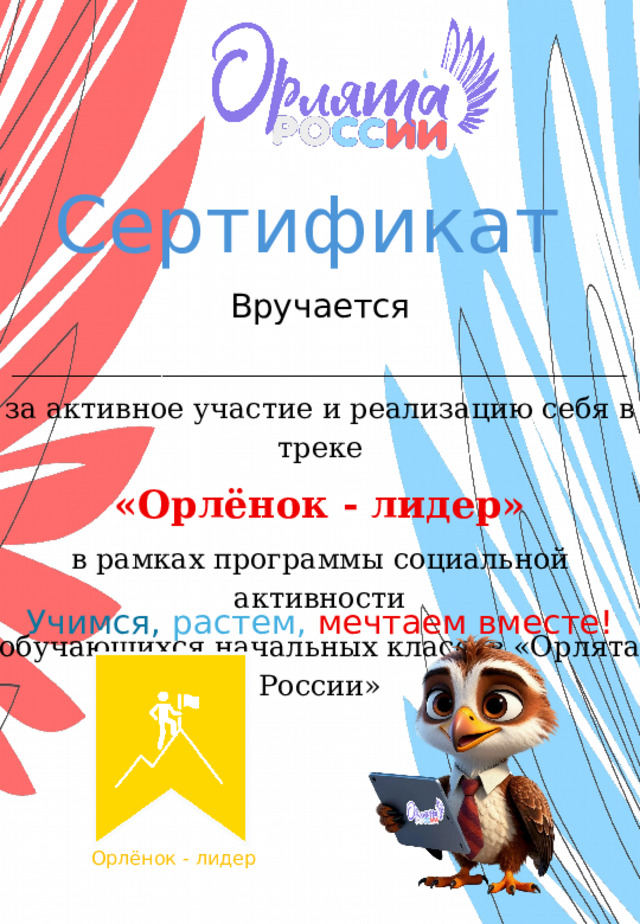 Сертификат  Вручается _____________________________________ за активное участие и реализацию себя в треке «Орлёнок - лидер» в рамках программы социальной активности обучающихся начальных классов «Орлята России» Учимся,  растем,  мечтаем вместе! Орлёнок - лидер 