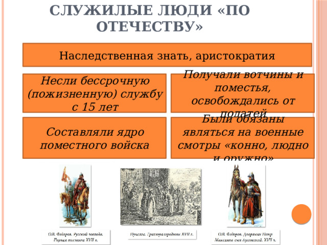 Служилые люди «по отечеству» Наследственная знать, аристократия Получали вотчины и поместья, освобождались от податей Несли бессрочную (пожизненную) службу с 15 лет Составляли ядро поместного войска Были обязаны являться на военные смотры «конно, людно и оружно» 