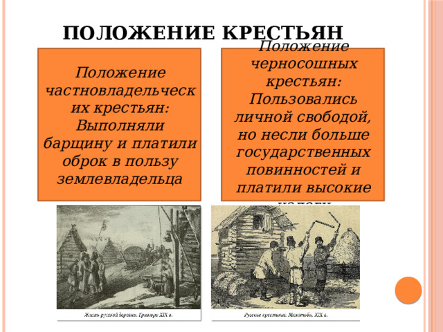 Положение крестьян Положение частновладельческих крестьян: Положение черносошных крестьян: Выполняли барщину и платили оброк в пользу землевладельца Пользовались личной свободой, но несли больше государственных повинностей и платили высокие налоги 