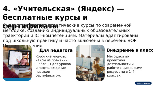  4. «Учительская» (Яндекс) — бесплатные курсы и сертификаты Яндекс предлагает практические курсы по современной методике, созданию индивидуальных образовательных траекторий и ICT‑компетенциям. Материалы адаптированы под школьную практику и часто включены в перечень ЭОР Минпросвещения. Внедрение в класс Для педагога Короткие модули, кейсы из практики, шаблоны для уроков и подтверждение навыков сертификатом. Методики по проектной деятельности и работе с цифровыми ресурсами в 1–4 классах. 