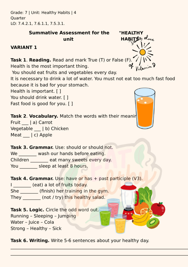 Grade: 7 | Unit: Healthy Habits | 4 Quarter LO: 7.4.2.1, 7.6.1.1, 7.5.3.1. Summative Assessment for the unit 