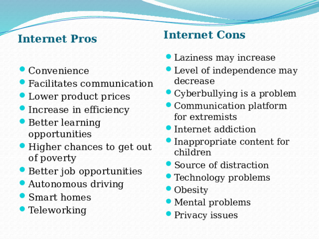 Internet Cons  Internet Pros  Laziness may increase Level of independence may decrease Cyberbullying is a problem Communication platform for extremists Internet addiction Inappropriate content for children Source of distraction Technology problems Obesity Mental problems Privacy issues Convenience Facilitates communication Lower product prices Increase in efficiency Better learning opportunities Higher chances to get out of poverty Better job opportunities Autonomous driving Smart homes Teleworking 