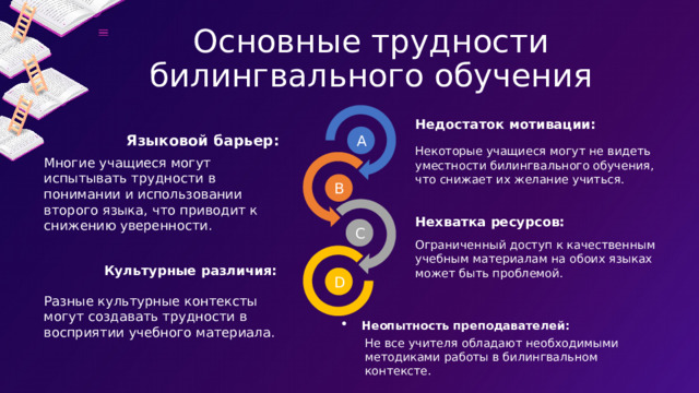 Основные трудности билингвального обучения Недостаток мотивации: Языковой барьер: A  Некоторые учащиеся могут не видеть уместности билингвального обучения, что снижает их желание учиться. Многие учащиеся могут испытывать трудности в понимании и использовании второго языка, что приводит к снижению уверенности. B  Нехватка ресурсов: C  Ограниченный доступ к качественным учебным материалам на обоих языках может быть проблемой. Культурные различия: D  Разные культурные контексты могут создавать трудности в восприятии учебного материала. Неопытность преподавателей: Не все учителя обладают необходимыми методиками работы в билингвальном контексте. 
