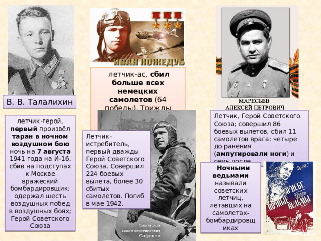   летчик-ас, сбил больше всех немецких самолетов  (64 победы). Трижды Герой Советского Союза. В. В. Талалихин Летчик, Герой Советского Союза; совершил 86 боевых вылетов, сбил 11 самолетов врага: четыре до ранения ( ампутировали ноги ) и семь после. летчик-герой, первый произвёл таран в ночном воздушном бою ночь на 7 августа 1941 года на И-16, сбив на подступах к Москве вражеский бомбардировщик; одержал шесть воздушных побед в воздушных боях; Герой Советского Союза Летчик-истребитель, первый дважды Герой Советского Союза. Совершил 224 боевых вылета, более 30 сбитых самолетов. Погиб в мае 1942. Ночными ведьмами называли советских летчиц, летавших на самолетах-бомбардировщиках 