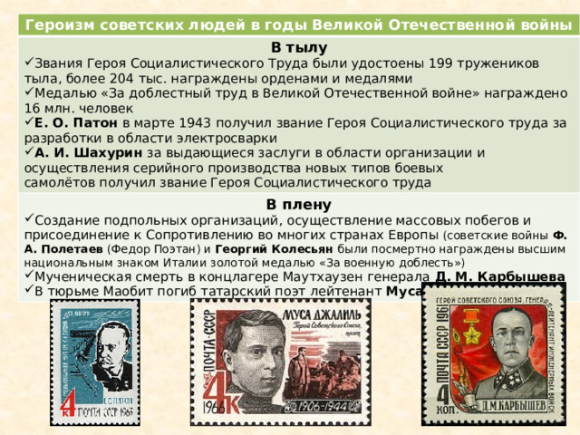 Героизм советских людей в годы Великой Отечественной войны В тылу Звания Героя Социалистического Труда были удостоены 199 тружеников тыла, более 204 тыс. награждены орденами и медалями Медалью «За доблестный труд в Великой Отечественной войне» награждено 16 млн. человек В плену Создание подпольных организаций, осуществление массовых побегов и присоединение к Сопротивлению во многих странах Европы (советские войны Ф. А. Полетаев (Федор Поэтан) и Георгий Колесьян были посмертно награждены высшим национальным знаком Италии золотой медалью «За военную доблесть») Мученическая смерть в концлагере Маутхаузен генерала Д. М. Карбышева В тюрьме Маобит погиб татарский поэт лейтенант Муса Джалиль Е. О. Патон в марте 1943 получил звание Героя Социалистического труда за разработки в области электросварки А. И. Шахурин за выдающиеся заслуги в области организации и осуществления серийного производства новых типов боевых самолётов получил звание Героя Социалистического труда 