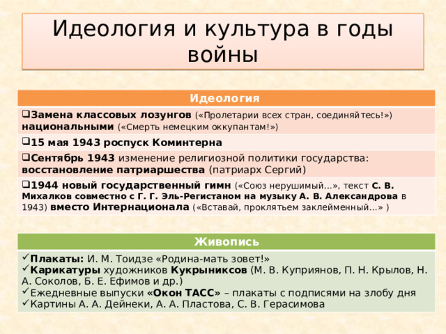 Идеология и культура в годы войны Идеология Замена классовых лозунгов («Пролетарии всех стран, соединяйтесь!») национальными («Смерть немецким оккупантам!») 15 мая 1943 роспуск Коминтерна Сентябрь 1943 изменение религиозной политики государства: восстановление патриаршества (патриарх Сергий) 1944 новый государственный гимн («Союз нерушимый…», текст С. В. Михалков совместно с Г. Г. Эль-Регистаном на музыку А. В. Александрова в 1943) вместо Интернационала («Вставай, проклятьем заклейменный…» ) Живопись Плакаты: И. М. Тоидзе «Родина-мать зовет!» Карикатуры художников Кукрыниксов (М. В. Куприянов, П. Н. Крылов, Н. А. Соколов, Б. Е. Ефимов и др.) Ежедневные выпуски «Окон ТАСС» – плакаты с подписями на злобу дня Картины А. А. Дейнеки, А. А. Пластова, С. В. Герасимова 