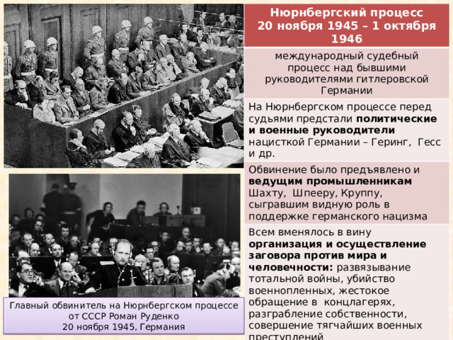 Нюрнбергский процесс международный судебный процесс над бывшими руководителями гитлеровской Германии 20 ноября 1945 – 1 октября 1946 На Нюрнбергском процессе перед судьями предстали политические и военные руководители нацисткой Германии – Геринг, Гесс и др. Обвинение было предъявлено и ведущим промышленникам Шахту, Шпееру, Круппу, сыгравшим видную роль в поддержке германского нацизма Всем вменялось в вину организация и осуществление заговора против мира и человечности: развязывание тотальной войны, убийство военнопленных, жестокое обращение в концлагерях, разграбление собственности, совершение тягчайших военных преступлений Главный обвинитель на Нюрнбергском процессе от СССР Роман Руденко 20 ноября 1945, Германия 