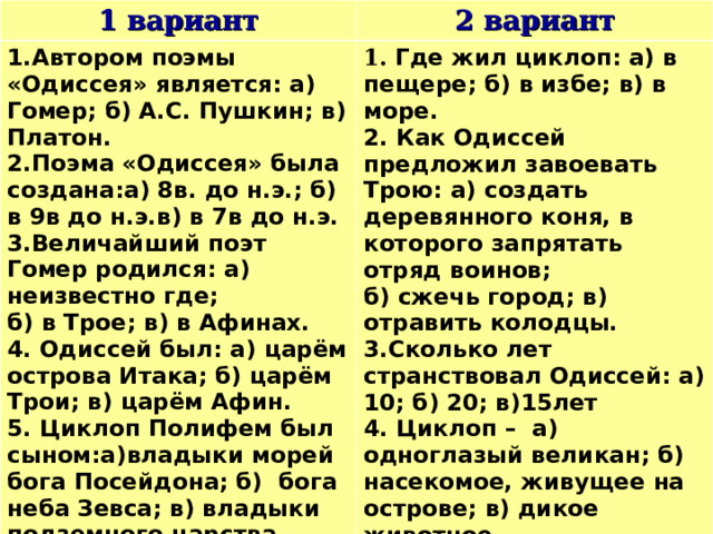 1 вариант 2 вариант 1.Автором поэмы «Одиссея» является: а) Гомер; б) А.С. Пушкин; в) Платон. 2.Поэма «Одиссея» была создана:а) 8в. до н.э.; б) в 9в до н.э.в) в 7в до н.э. 3.Величайший поэт Гомер родился: а) неизвестно где; б) в Трое; в) в Афинах. 4. Одиссей был: а) царём острова Итака; б) царём Трои; в) царём Афин. 5. Циклоп Полифем был сыном:а)владыки морей бога Посейдона; б) бога неба Зевса; в) владыки подземного царства Аида.  1. Где жил циклоп: а) в пещере; б) в избе; в) в море. 2. Как Одиссей предложил завоевать Трою: а) создать деревянного коня, в которого запрятать отряд воинов; б) сжечь город; в) отравить колодцы. 3.Сколько лет странствовал Одиссей: а) 10; б) 20; в)15лет 4. Циклоп – а) одноглазый великан; б) насекомое, живущее на острове; в) дикое животное. 5. Какой бог преследовал Одиссея в море: а)Посейдон; б) Гефест; в) Аполлон.  