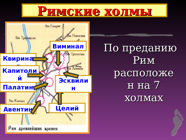 Римские холмы По преданию Рим расположен на 7 холмах Виминал Квиринал Капитолий Эсквилин Палатин Целий Авентин 
