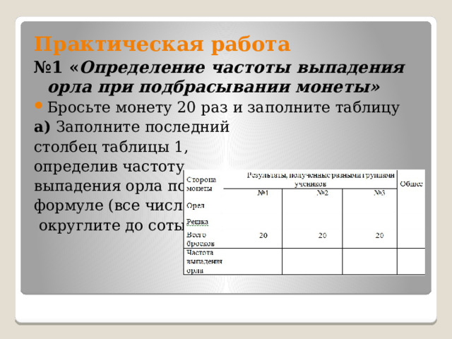 Практическая работа № 1 « Определение частоты выпадения орла при подбрасывании монеты» Бросьте монету 20 раз и заполните таблицу а) Заполните последний столбец таблицы 1, определив частоту выпадения орла по формуле (все числа  округлите до сотых) 