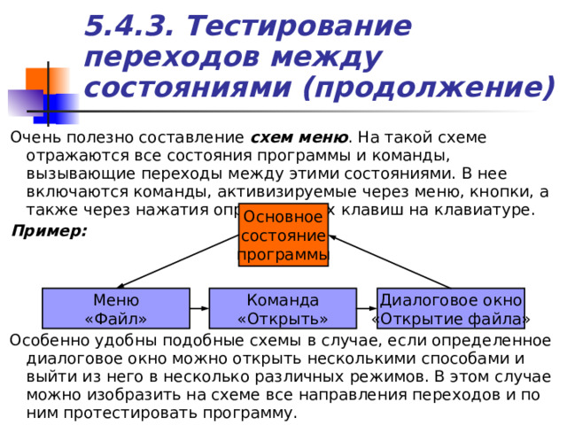5.4.3. Тестирование переходов между состояниями (продолжение) Очень полезно составление схем меню . На такой схеме отражаются все состояния программы и команды, вызывающие переходы между этими состояниями. В нее включаются команды, активизируемые через меню, кнопки, а также через нажатия определенных клавиш на клавиатуре. Пример: Основное состояние программы Меню «Файл» Команда «Открыть» Диалоговое окно «Открытие файла» Особенно удобны подобные схемы в случае, если определенное диалоговое окно можно открыть несколькими способами и выйти из него в несколько различных режимов. В этом случае можно изобразить на схеме все направления переходов и по ним протестировать программу. 