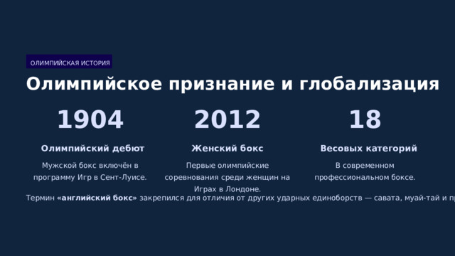  ОЛИМПИЙСКАЯ ИСТОРИЯ Олимпийское признание и глобализация 1904 2012 18 Олимпийский дебют Женский бокс Весовых категорий Мужской бокс включён в программу Игр в Сент-Луисе. Первые олимпийские соревнования среди женщин на Играх в Лондоне. В современном профессиональном боксе. Термин «английский бокс» закрепился для отличия от других ударных единоборств — савата, муай-тай и прочих. 