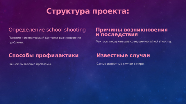  Структура проекта: Определение school shooting Причины возникновения и последствия Понятие и исторический контекст возникновения проблемы. Факторы послужившие совершению school shooting. Способы профилактики Известные случаи Самые известные случаи в мире. Раннее выявление проблемы. 