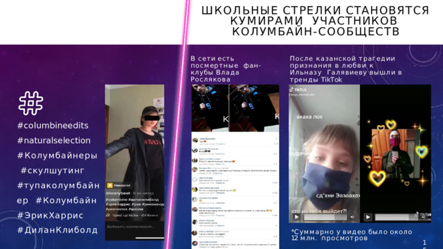 Школьные  стрелки  становятся  кумирами  участников   колумбайн - сообществ Хэштеги - индикаторы После казанской трагедии  признания в любви к Ильназу  Галяви е в у  вышл и  в  т р ен ды  T i k T o k В  сети  есть  посмертные  фан - клубы Влада  Рослякова #columbineedits  #naturalselection  # Колумбайнеры  #c кулшутинг  # тупак о лу м бай нер # Колумбайн  # ЭрикХаррис  #ДиланКлиболд * Су м м ар но  у  ви д е о  было  ок о ло  12  м лн. просмотров 15 