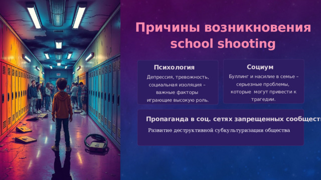  Причины возникновения school shooting Социум Психология Буллинг и насилие в семье – серьезные проблемы, которые могут привести к трагедии. Депрессия, тревожность, социальная изоляция – важные факторы играющие высокую роль. Пропаганда в соц. сетях запрещенных сообществ Развитие деструктивной субкультуризации общества 