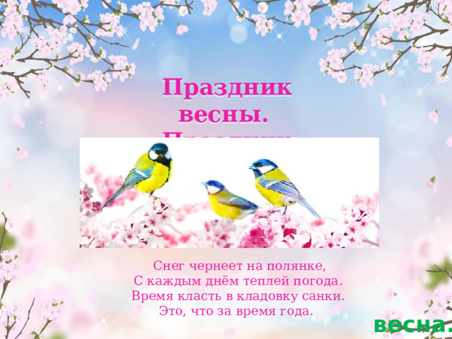 Праздник весны. Праздник птиц Снег чернеет на полянке,  С каждым днём теплей погода.  Время класть в кладовку санки.  Это, что за время года. весна. 