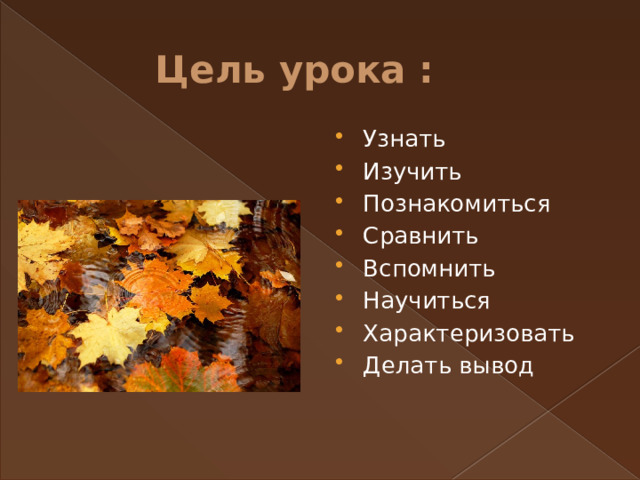 Цель урока : Узнать Изучить Познакомиться Сравнить Вспомнить Научиться Характеризовать Делать вывод 