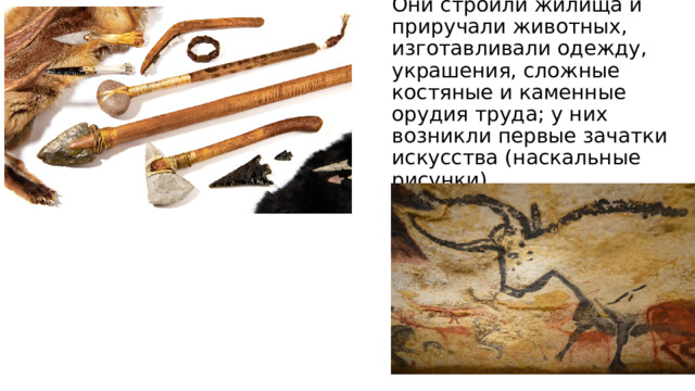 Они строили жилища и приручали животных, изготавливали одежду, украшения, сложные костяные и каменные орудия труда; у них возникли первые зачатки искусства (наскальные рисунки).   
