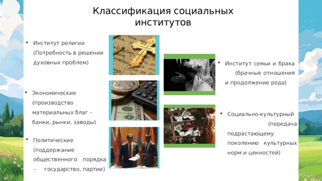 Классификация социальных институтов Институт религии (Потребность в решении духовных проблем) Институт семьи и брака (брачные отношения и продолжение рода) Экономические (производство материальных благ – банки, рынки, заводы) Социально-культурный (передача подрастающему поколению культурных норм и ценностей) Политические (поддержание общественного порядка – государство, партии) 