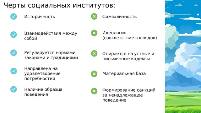 Черты социальных институтов: Историчность Символичность Идеология (соответствие взглядов) Взаимодействия между собой Регулируется нормами, законами и традициями Опирается на устные и письменные кодексы Направлена на удовлетворение потребностей Материальная база Наличие образца поведения Формирование санкций за ненадлежащее поведение 