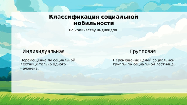 Классификация социальной мобильности По количеству индивидов Индивидуальная  Групповая Перемещение по социальной лестнице только одного человека. Перемещение целой социальной группы по социальной лестнице. 
