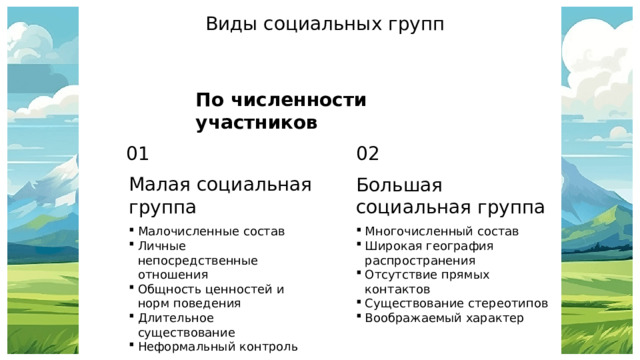 Виды социальных групп По численности участников 01 02 Малая социальная группа Большая социальная группа Малочисленные состав Личные непосредственные отношения Общность ценностей и норм поведения Длительное существование Неформальный контроль Многочисленный состав Широкая география распространения Отсутствие прямых контактов Существование стереотипов Воображаемый характер 
