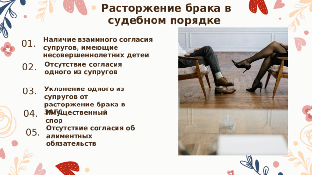 Расторжение брака в судебном порядке Наличие взаимного согласия супругов, имеющие несовершеннолетних детей 01. Отсутствие согласия одного из супругов 02. Уклонение одного из супругов от расторжение брака в ЗАГС 03. 04. Имущественный спор Отсутствие согласия об алиментных обязательств 05. 