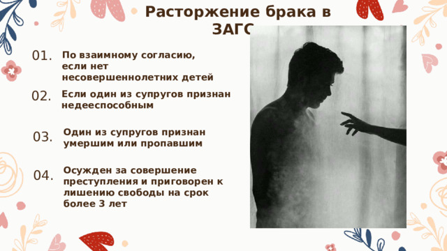 Расторжение брака в ЗАГСе 01. По взаимному согласию, если нет несовершеннолетних детей 02. Если один из супругов признан недееспособным Один из супругов признан умершим или пропавшим 03. Осужден за совершение преступления и приговорен к лишению свободы на срок более 3 лет 04. 