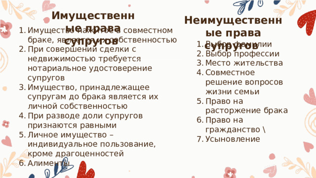 Имущественные права супругов Неимущественные права супругов Имущество нажитое в совместном браке, является их собственностью При совершении сделки с недвижимостью требуется нотариальное удостоверение супругов Имущество, принадлежащее супругам до брака является их личной собственностью При разводе доли супругов признаются равными Личное имущество – индивидуальное пользование, кроме драгоценностей Алименты Выбор фамилии Выбор профессии Место жительства Совместное решение вопросов жизни семьи Право на расторжение брака Право на гражданство \ Усыновление 