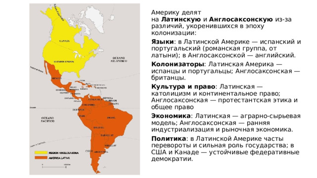 Америку делят на  Латинскую  и  Англосаксонскую  из‑за различий, укоренившихся в эпоху колонизации: Языки : в Латинской Америке — испанский и португальский (романская группа, от латыни); в Англосаксонской — английский. Колонизаторы : Латинская Америка — испанцы и португальцы; Англосаксонская — британцы. Культура и право : Латинская — католицизм и континентальное право; Англосаксонская — протестантская этика и общее право Экономика : Латинская — аграрно‑сырьевая модель; Англосаксонская — ранняя индустриализация и рыночная экономика. Политика : в Латинской Америке часты перевороты и сильная роль государства; в США и Канаде — устойчивые федеративные демократии. 