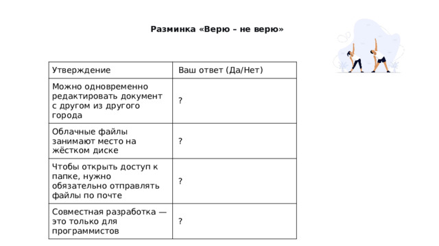 Разминка «Верю – не верю» Утверждение Ваш ответ (Да/Нет) Можно одновременно редактировать документ с другом из другого города ? Облачные файлы занимают место на жёстком диске ? Чтобы открыть доступ к папке, нужно обязательно отправлять файлы по почте ? Совместная разработка — это только для программистов ? 