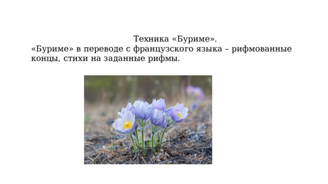 Техника «Буриме». «Буриме» в переводе с французского языка – рифмованные концы, стихи на заданные рифмы. 