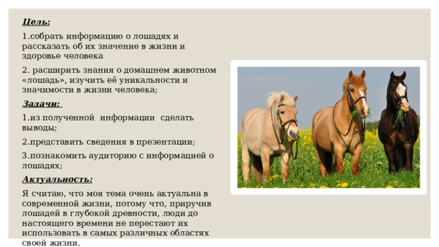 Цель: 1.собрать информацию о лошадях и рассказать об их значение в жизни и здоровье человека 2. расширить знания о домашнем животном «лошадь», изучить её уникальности и значимости в жизни человека;  Задачи: 1.из полученной информации сделать выводы;  2.представить сведения в презентации;  3.познакомить аудиторию с информацией о лошадях;  Актуальность: Я считаю, что моя тема очень актуальна в современной жизни, потому что, приручив лошадей в глубокой древности, люди до настоящего времени не перестают их использовать в самых различных областях своей жизни. 
