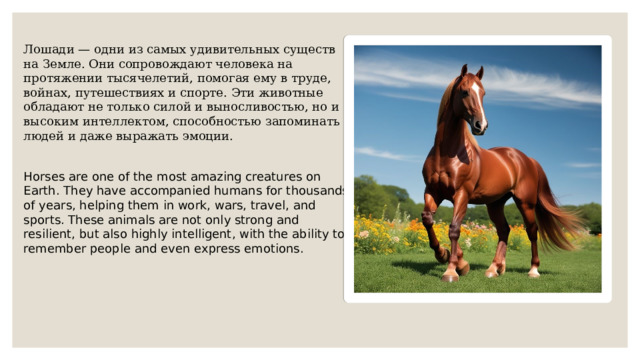 Лошади — одни из самых удивительных существ на Земле. Они сопровождают человека на протяжении тысячелетий, помогая ему в труде, войнах, путешествиях и спорте. Эти животные обладают не только силой и выносливостью, но и высоким интеллектом, способностью запоминать людей и даже выражать эмоции. Horses are one of the most amazing creatures on Earth. They have accompanied humans for thousands of years, helping them in work, wars, travel, and sports. These animals are not only strong and resilient, but also highly intelligent, with the ability to remember people and even express emotions. 