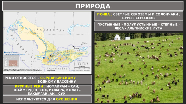 ПРИРОДА ПОЧВА : СВЕТЛЫЕ СЕРОЗЕМЫ И СОЛОНЧАКИ , БУРЫЕ СЕРОЗЕМЫ ПУСТЫННЫЕ - ПОЛУПУСТЫННЫЕ – СТЕПНЫЕ – ЛЕСА - АЛЬПИЙСКИЕ ЛУГА РЕКИ ОТНОСЯТСЯ – СЫРДАРЬИНСКОМУ ВОДНОМУ БАССЕЙНУ КРУПНЫЕ РЕКИ : ИСФАЙРАМ – САЙ, ШАЙМЕРДЕН, СОХ, ИСФАРА, КОЖО – БАКЫРГАН, АК – СУУ ИСПОЛЬЗУЮТСЯ ДЛЯ ОРОШЕНИЯ 