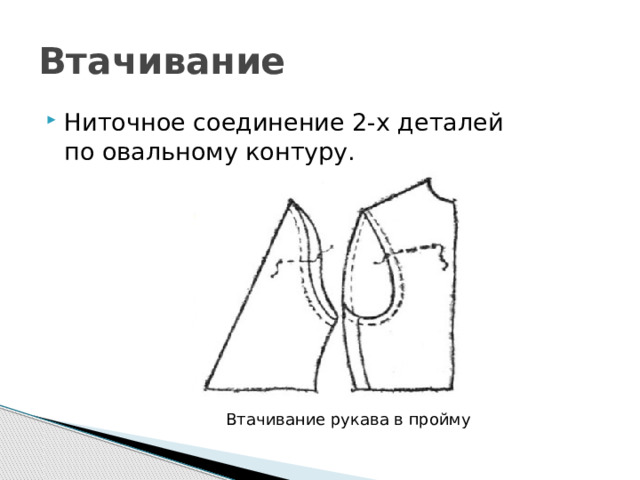 Втачивание Ниточное соединение 2-х деталей по овальному контуру.  Втачивание рукава в пройму 