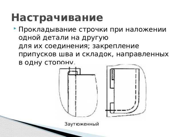 Настрачивание Прокладывание строчки при наложении одной детали на другую для их соединения; закрепление припусков шва и складок, направленных в одну сторону.  Заутюженный 