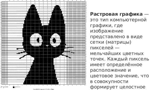 Растровая графика  — это тип компьютерной графики, где изображение представлено в виде сетки (матрицы) пикселей — мельчайших цветных точек. Каждый пиксель имеет определённое расположение и цветовое значение, что в совокупности формирует целостное изображение.  10 