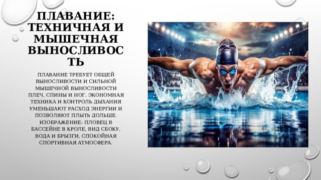 Плавание: техничная и мышечная выносливость Плавание требует общей выносливости и сильной мышечной выносливости плеч, спины и ног. Экономная техника и контроль дыхания уменьшают расход энергии и позволяют плыть дольше. Изображение: пловец в бассейне в кроле, вид сбоку, вода и брызги, спокойная спортивная атмосфера . 