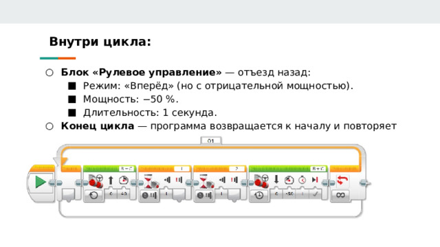 Внутри цикла: Блок «Рулевое управление» — отъезд назад: Блок «Рулевое управление» — отъезд назад: Режим: «Вперёд» (но с отрицательной мощностью). Мощность: −50 %. Длительность: 1 секунда. Конец цикла — программа возвращается к началу и повторяет всё заново. Режим: «Вперёд» (но с отрицательной мощностью). Мощность: −50 %. Длительность: 1 секунда. Режим: «Вперёд» (но с отрицательной мощностью). Мощность: −50 %. Длительность: 1 секунда. Конец цикла — программа возвращается к началу и повторяет всё заново. 