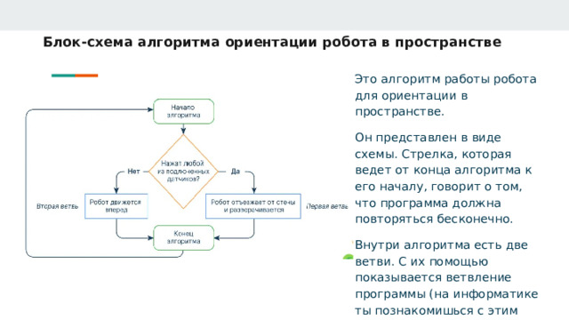 Блок-схема алгоритма ориентации робота в пространстве Это алгоритм работы робота для ориентации в пространстве. Он представлен в виде схемы. Стрелка, которая ведет от конца алгоритма к его началу, говорит о том, что программа должна повторяться бесконечно. Внутри алгоритма есть две ветви. С их помощью показывается ветвление программы (на информатике ты познакомишься с этим термином подробнее). 
