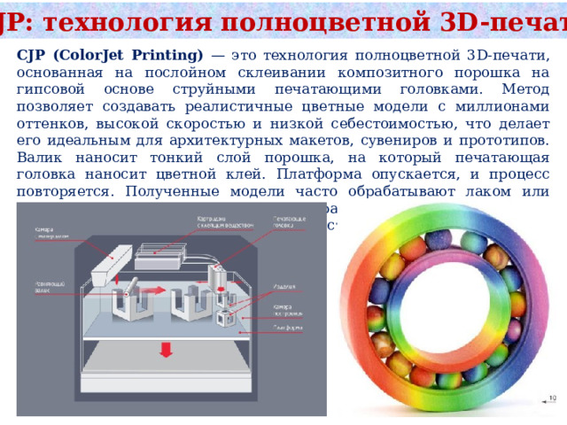 CJP: технология полноцветной 3D-печати CJP (ColorJet Printing) — это технология полноцветной 3D-печати, основанная на послойном склеивании композитного порошка на гипсовой основе струйными печатающими головками. Метод позволяет создавать реалистичные цветные модели с миллионами оттенков, высокой скоростью и низкой себестоимостью, что делает его идеальным для архитектурных макетов, сувениров и прототипов. Валик наносит тонкий слой порошка, на который печатающая головка наносит цветной клей. Платформа опускается, и процесс повторяется. Полученные модели часто обрабатывают лаком или специальными составами (инфильтрантами) для повышения прочности, влагостойкости и насыщенности цвета. 