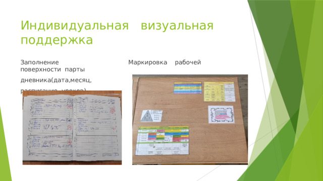 Индивидуальная визуальная поддержка Заполнение Маркировка рабочей поверхности парты дневника(дата,месяц, расписание уроков) 
