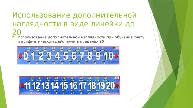 Использование дополнительной наглядности в виде линейки до 20 Использование дополнительной наглядности при обучение счету и арифметическим действиям в пределах 20 