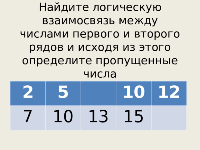 Найдите логическую взаимосвязь между числами первого и второго рядов и исходя из этого определите пропущенные числа 2 7 5 10 10 13 12 15 