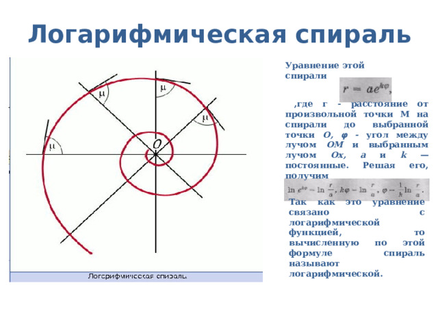 Логарифмическая спираль Уравнение этой спирали , где г - расстояние от произвольной точки М на спирали до выбранной точки О, φ - угол между лучом ОМ и выбранным лучом Ох, а и k — постоянные. Решая его, получим Так как это уравнение связано с логарифмической функцией, то вычисленную по этой формуле спираль называют логарифмической. 