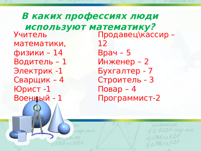 В каких профессиях люди используют математику? Учитель математики, физики – 14 Водитель – 1 Продавец\кассир – 12 Электрик -1 Врач – 5 Сварщик – 4 Инженер – 2 Юрист -1 Бухгалтер - 7 Строитель - 3 Военный - 1 Повар – 4 Программист-2 