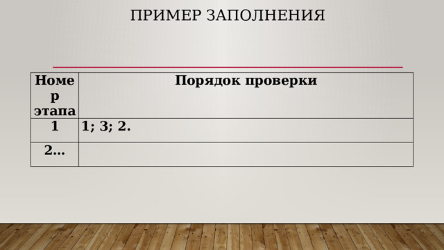Пример заполнения Номер этапа Порядок проверки 1 1; 3; 2. 2…   