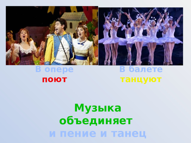 В опере В балете поют танцуют    Музыка объединяет и пение и танец 